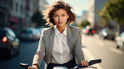 A confident ordinary brunette short hair female office worker in bright business clothes riding a roller scooter on a city street. Generative AI.