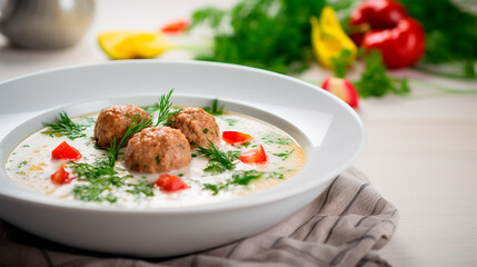 Wall Mural - Soup with meatballs in a plate. Selective focus.