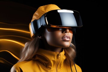 Poster - A woman in dark yellow virtual reality glasses, Technological fusion. Generative AI.
