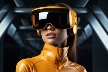 Poster - A woman in dark yellow virtual reality glasses, Technological fusion. Generative AI.