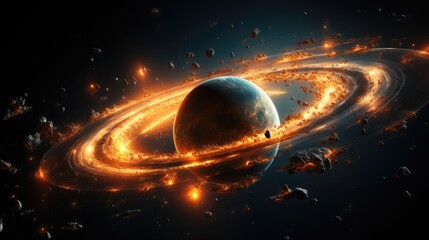 Poster - Large planet with rings, Open space. Generative AI.