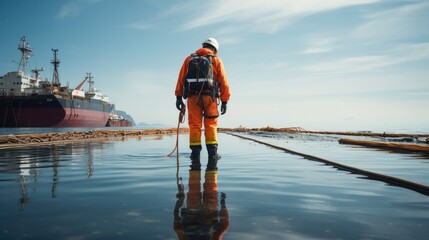Poster - Shot of worker in high-vis gear guiding cable into the sea. Generative AI.
