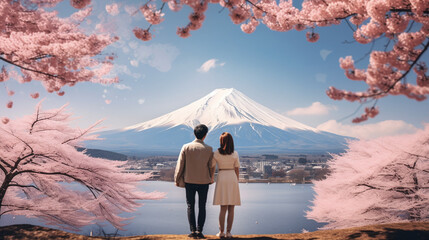 A lover visit Japan and are by a lake with Mount Fuji in the background. Ai generate.