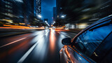 Fototapeta  - POV of car driving at night city with motion blur