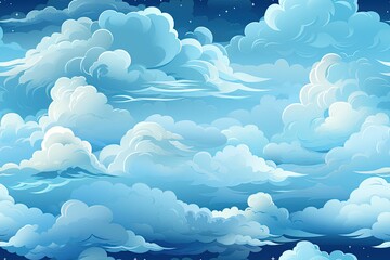 Wall Mural - seamless pattern with white fluffy clouds with stars in blue sky at night. Background for baby decor