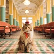 Persian cat wearing red bow tie and red bowtie sitting in the hall