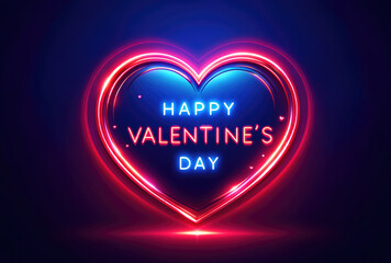 Wall Mural - Happy Valentines Day greeting card with glowing neon heart on darkbackground.