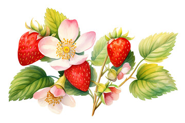 Wall Mural - strawberry fruit on a branch with leaves illustration isolated on transparent background Remove png, Clipping Path, pen tool