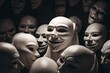 White mask smiling amidst black masks, displaying hypocrisy - 3D. Generative AI