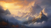 Serene Snow-capped Peaks Of Tall Mountains Kissed By The First Light Of Morning. Majestic, Snow-covered, Breathtaking, Serene, Alpine, Dawn, Picturesque, Scenic, Towering, Grand. Generated By AI.