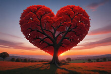 Red Heart Shaped Tree At Sunset