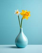Two Daffodils In A Blue Vase On A Blue Background