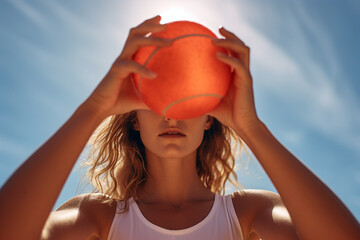 Wall Mural - woman wearing sport wear holding ball bokeh style background