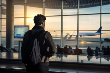 Canvas Print - a male passenger standing at the airport bokeh style background