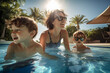 a family playing the water together in the backyard bokeh style background