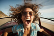 woman in convertible car celebrating for her road trip bokeh style background