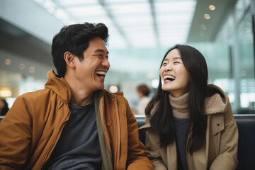 Canvas Print - happy asian couple in the airport bokeh style background