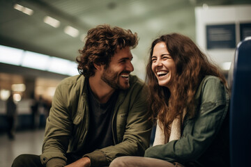 Canvas Print - happy couple at the airport bokeh style background