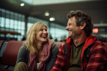 happy couple at the airport bokeh style background