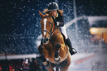 Poster - Equestrians and horses navigating snow-covered obstacles in a show jumping event, combining grace and athleticism.