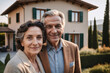 old italian couple standing in front of modern detached italian house, italy, eco-friendly house, eco house, beautiful garden, buying new house, real estate, mortgage loan