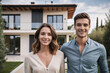© EliteLensCraftImages - young italian couple standing in front of modern detached italian house, italy, eco-friendly house, eco house, beautiful garden, buying new house, real estate, mortgage loan