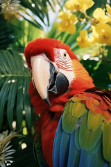 Leinwandbilder - A close-up portrait of a parrot against a backdrop of tropical foliage, its expressive gaze conveying the allure and charm of tropical paradises.
