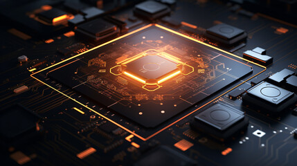  Close up representation of a quantum processor chip with lights around it 