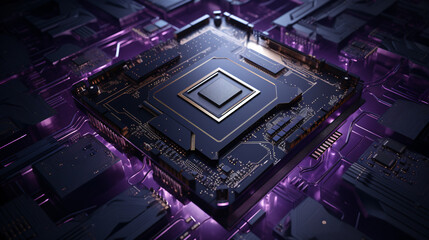 Close up representation of a quantum processor chip with lights around it 