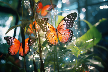 Leinwandbilder - A captivating image of abstract butterflies forming a luminous lattice, their wings adorned with tropical hues and intricate designs.