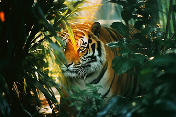 Leinwandbilder - An abstract representation of tropical tigers at twilight, their stripes and forms merging into the lush surroundings, evoking a sense of mystery.