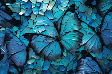 Leinwandbilder - An abstract representation of morpho butterflies forming a mosaic of iridescent blues, their delicate wings creating a stunning visual display.