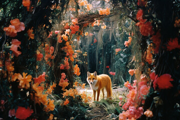 Leinwandbilder - A whimsical scene featuring abstract fox forms intertwined with tropical flowers, creating a fantasy-like atmosphere in the heart of the forest.