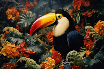 Leinwandbilder - An abstract tapestry of toucans with vibrant beaks, their forms weaving into the tropical foliage to form a visually striking composition.