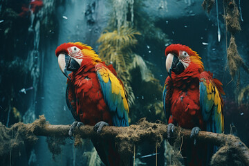 Leinwandbilder - An abstract mirage of macaws with mysterious and surreal forms, their presence adding an element of intrigue to the tropical landscape.