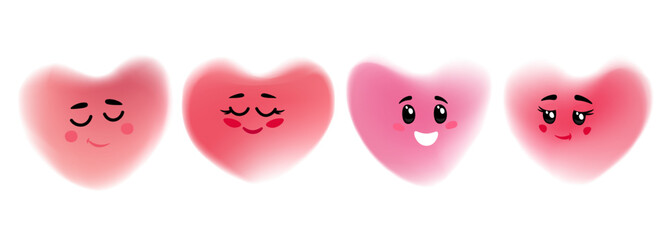 Poster - Cute cartoon heart characters. Blurred hearts. Set of soft colored gradient defocused heart shapes with faces for wedding invitations or Happy Valentine's Day holiday greetings. Vector illustration.