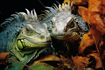 Leinwandbilder - An abstract depiction of iguanas engaged in intricate interplay, their forms merging with the textures of the tropical surroundings.