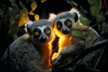 Leinwandbilder - An ethereal portrayal of luminous lemurs with glowing forms, their nocturnal presence adding a touch of magic to the tropical night.