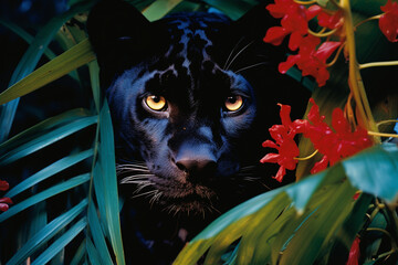 Leinwandbilder - A vibrant and prismatic portrayal of panther forms prowling through the tropical foliage, their sleek and colorful presence adding a dynamic energy.