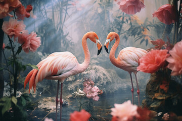 Leinwandbilder - A dreamlike composition of abstract flamingos surrounded by tropical flowers, their graceful forms creating a fantasy-like atmosphere.