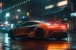 A futuristic race car zooms through neon-lit city streets at night. Not based on actual footage. Generative AI