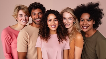 Group of diverse, smiling young adults standing in a row against a neutral background.