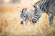 zebras with foal feeding in field