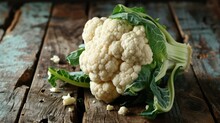 A Cauliflower Head Is Lying On A Wooden Table