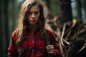 Sticker - Patient Lumberjack woman forest. People face. Generate Ai