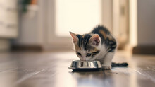 Cute Little Grey Kitten Eating From Pet Bowl On Floor In The Minimal Kitchen Interior, Copy Space. Food For Domestic Cats, Dry Pet Foods.