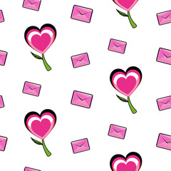 Fototapete - Y2k pink groovy heart flower, letter in an envelope. Seamless Pattern. Groovy girly retro shapes. Psychedelic Distorted Vector Background in 1970s-1980s Hippie Retro Style Web Design and Social Media.