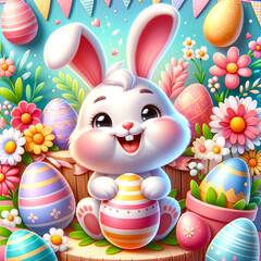 Wall Mural - easter bunny with eggs