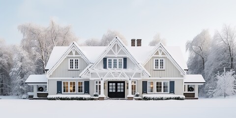 Wall Mural - Swedish-hygge-modern mansion, snowy, cozy, windows, house facade photo copy space 