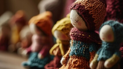 Poster - A row of small knitted dolls sitting on a shelf, AI